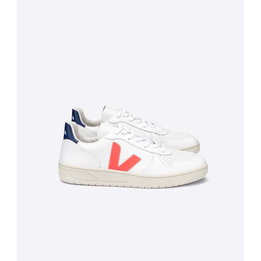 Women\'s Veja V-10 LEATHER Sneakers White/Orange/Blue | SG 646JPQ